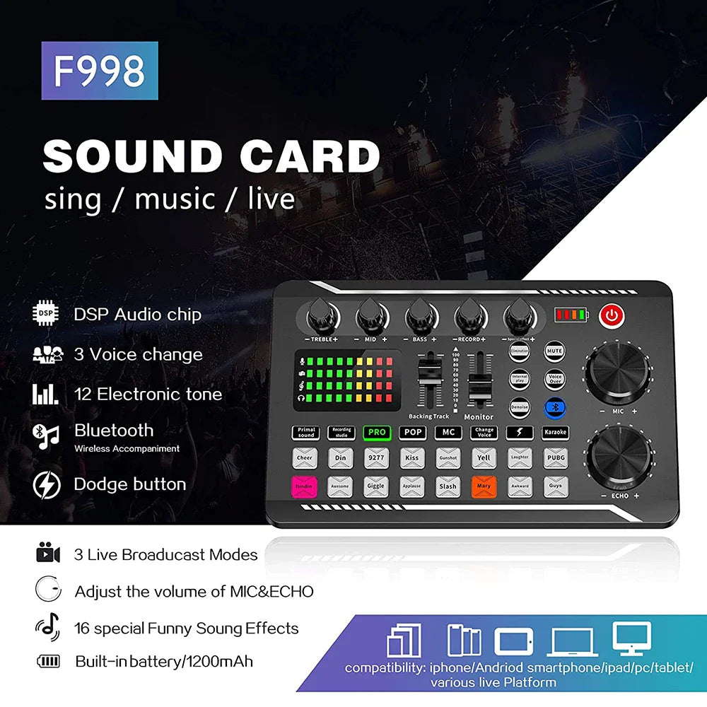 F998 Sound Card Cantilever Microphone Set Recording Karaoke Live Podcast Equipment Studio Professional Microphone for Phone
