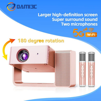 DAMI3C HT30 Portable Singing Projector | Mini Android Projector with Dual Microphones | 4K Support, WiFi, Bluetooth | Home & Outdoor Theater + Family KTV