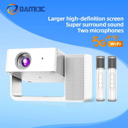 DAMI3C HT30 Portable Singing Projector | Mini Android Projector with Dual Microphones | 4K Support, WiFi, Bluetooth | Home & Outdoor Theater + Family KTV