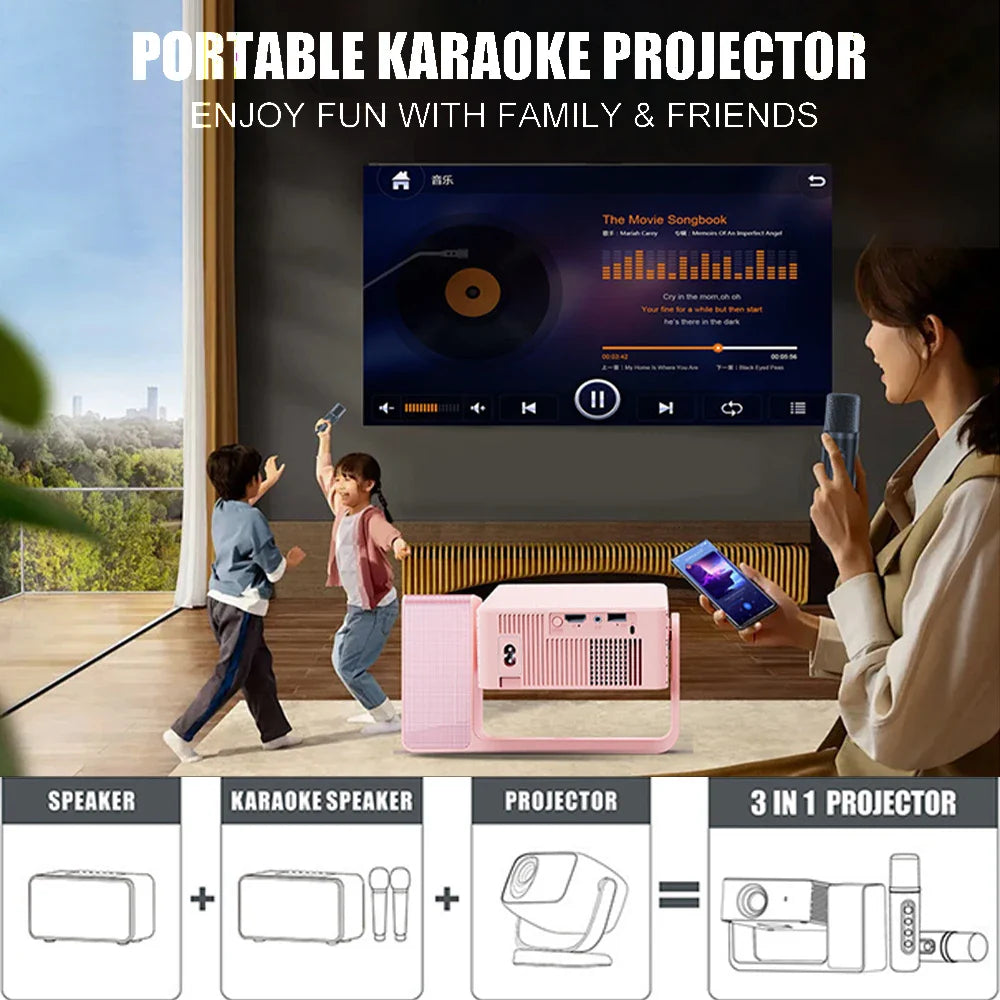 DAMI3C HT30 Portable Singing Projector | Mini Android Projector with Dual Microphones | 4K Support, WiFi, Bluetooth | Home & Outdoor Theater + Family KTV
